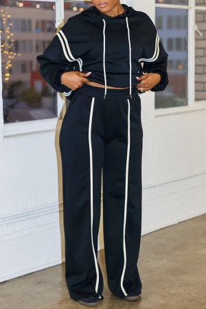 Black Casual Sportswear Daily Solid Color Draw String Hooded Long Sleeve Two Pieces