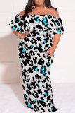 White Brown Casual Leopard Print Patchwork Backless Off Shoulder Long Plus Size Dresses