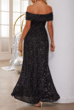Black Sexy Solid Color Sequins Sequined Off Shoulder Evening Dresses