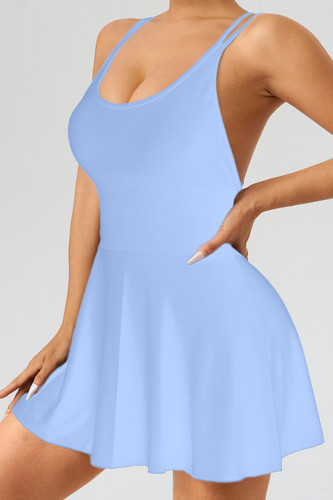 Sky Blue Sportswear Solid Color Patchwork Backless