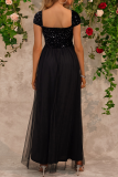 Black Sexy Prom Solid Color Sequins Slit Mesh Square Neck Evening Dresses