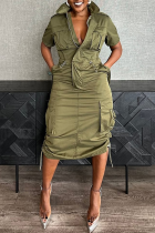 Army Green Street Daily Solid Color Distressed Pocket Zipper Zipper Collar Wrapped Skirt Dresses