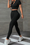 Black Sportswear Solid Color Patchwork Zipper Zipper Collar Short Sleeve Two Pieces