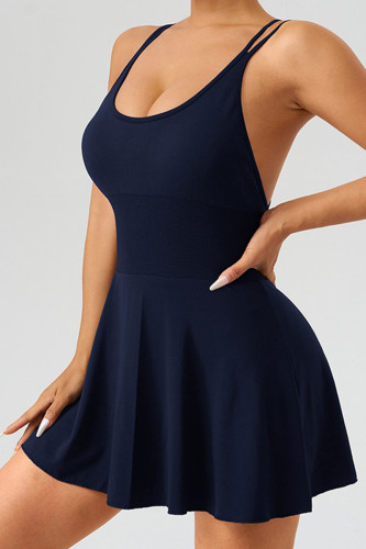 Navy Blue Sportswear Solid Color Patchwork Backless