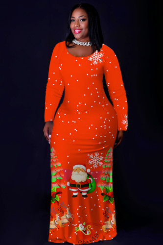 Tangerine Red Casual Print Basic O Neck Long Plus Size Dresses