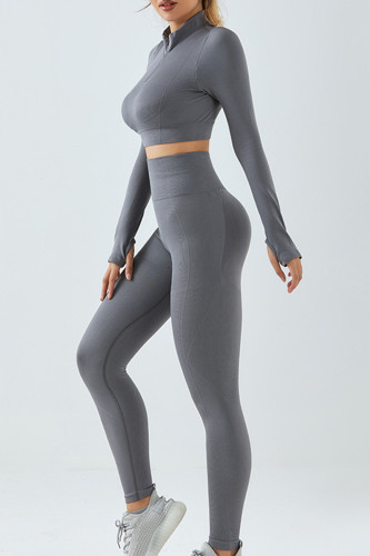 Dark Gray Sportswear Solid Color Patchwork Zipper Zipper Collar Long Sleeve Two Pieces