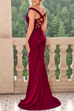 Burgundy Sexy Prom Solid Color Slit Square Neck Evening Dresses