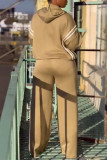 Khaki Casual Sportswear Daily Solid Color Draw String Hooded Long Sleeve Two Pieces