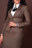 Brown Casual Business Wear Solid Color Slit Turn-back Collar Long Sleeve Two Pieces