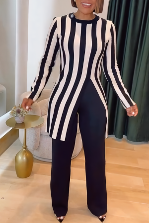 Black Daily Elegant Stripe Slit O Neck Long Sleeve Two Pieces