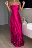Rose Red Casual Prom Solid Color Patchwork Ruched Strapless Evening Dresses