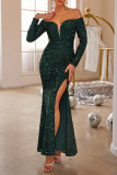 Ink Green Sexy Prom Solid Color Sequins Slit Sequined Off Shoulder Evening Dresses
