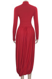 Red Elegant Solid Color Patchwork Ruched Turtleneck Irregular Dresses