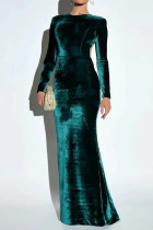 Green Sexy Prom Solid Color Backless Velvet O Neck Evening Dresses