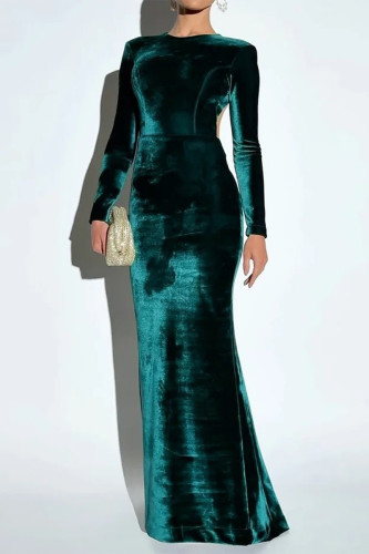 Green Sexy Prom Solid Color Backless Velvet O Neck Evening Dresses