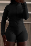 Coffee Casual Solid Color Patchwork Zipper Zipper Collar Long Sleeve Two Pieces