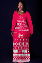 Deep Rose Red Casual Print Basic O Neck Long Plus Size Dresses