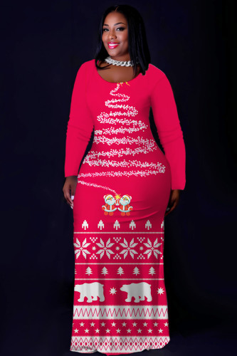 Deep Rose Red Casual Print Basic O Neck Long Plus Size Dresses