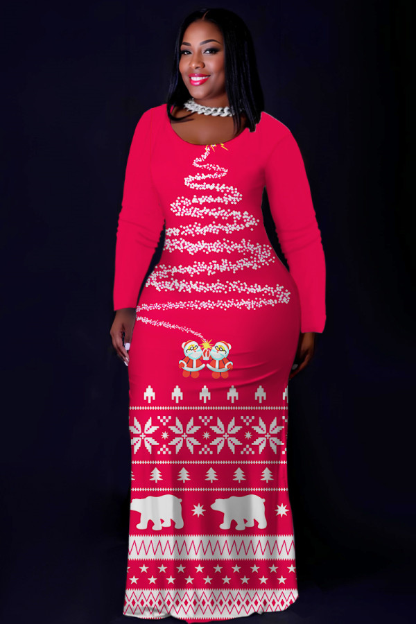 Deep Rose Red Casual Print Basic O Neck Long Plus Size Dresses