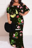 Black Green Casual Santa Claus Print Patchwork Off Shoulder Long Plus Size Dresses