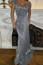 Grey Sexy Solid Color Sequined Irregular Square Neck Evening Dresses