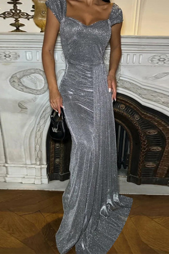Grey Sexy Solid Color Sequined Irregular Square Neck Evening Dresses