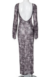 Grey Daily Print Patchwork O Neck Wrapped Skirt Dresses