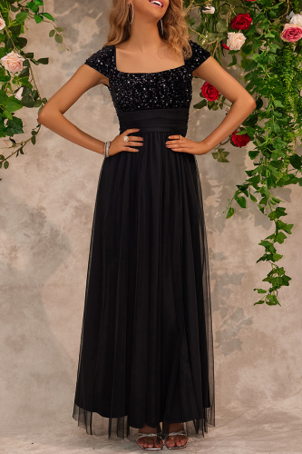 Black Sexy Prom Solid Color Sequins Slit Mesh Square Neck Evening Dresses