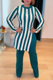 Black Daily Elegant Stripe Slit O Neck Long Sleeve Two Pieces