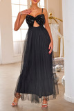 Black Sexy Solid Color Sequins Patchwork Sequined Mesh V Neck Evening Dresses