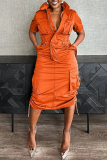 Orange Street Daily Solid Color Distressed Pocket Zipper Zipper Collar Wrapped Skirt Dresses