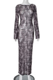 Grey Daily Print Patchwork O Neck Wrapped Skirt Dresses