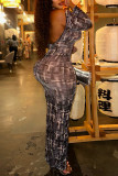 Grey Daily Print Patchwork O Neck Wrapped Skirt Dresses