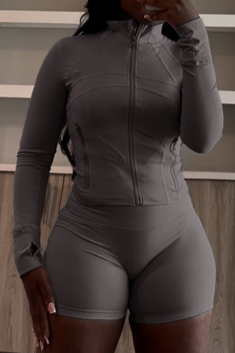 Grey Casual Solid Color Patchwork Zipper Zipper Collar Long Sleeve Two Pieces