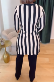 Black Daily Elegant Stripe Slit O Neck Long Sleeve Two Pieces