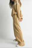 Khaki Casual Sportswear Daily Solid Color Draw String Hooded Long Sleeve Two Pieces