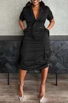 Black Street Daily Solid Color Distressed Pocket Zipper Zipper Collar Wrapped Skirt Dresses