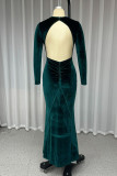Green Sexy Prom Solid Color Backless Velvet O Neck Evening Dresses