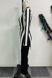 Black Daily Elegant Stripe Slit O Neck Long Sleeve Two Pieces