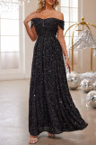 Black Sexy Solid Color Sequins Sequined Off Shoulder Evening Dresses