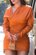 Orange Daily Solid Color Patchwork Ruched Asymmetrical Collar Wrapped Skirt Dresses