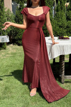 Red Sexy Solid Color Sequined Irregular Square Neck Evening Dresses