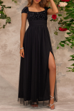Black Sexy Prom Solid Color Sequins Slit Mesh Square Neck Evening Dresses