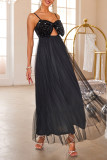 Black Sexy Solid Color Sequins Patchwork Sequined Mesh V Neck Evening Dresses