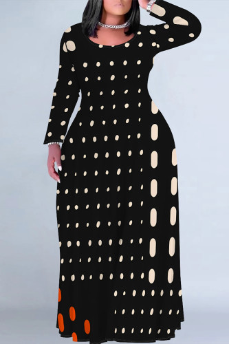 Black Casual Street Geometric Print Contrast O Neck Printed Plus Size Dresses