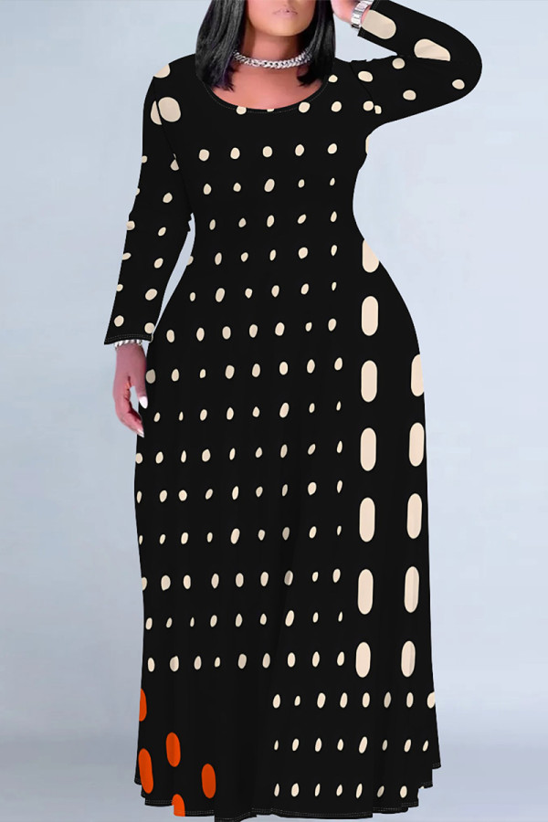 Black Casual Street Geometric Print Contrast O Neck Printed Plus Size Dresses