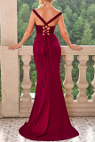 Burgundy Sexy Prom Solid Color Slit Square Neck Evening Dresses