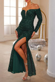 Ink Green Sexy Prom Solid Color Sequins Slit Sequined Off Shoulder Evening Dresses