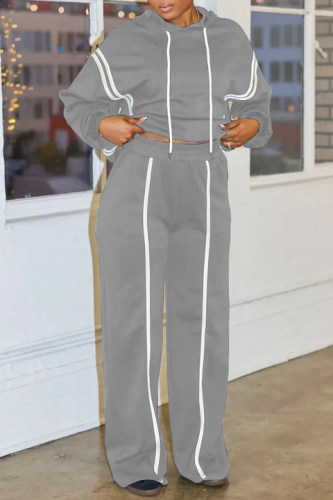 Grey Casual Sportswear Daily Solid Color Draw String Hooded Long Sleeve Two Pieces