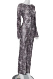 Grey Daily Print Patchwork O Neck Wrapped Skirt Dresses